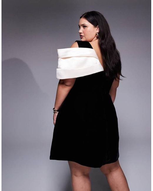 ASOS Black Curve Velvet Mini Dress With Structured Satin Drape