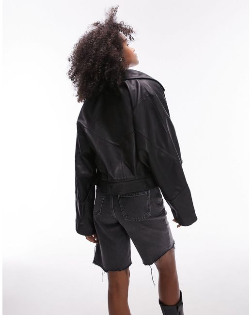TOPSHOP Black Premium Cropped Real Leather Jacket