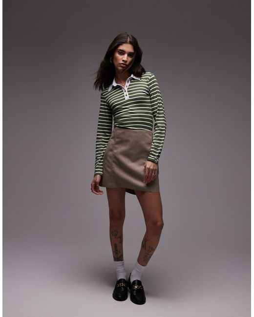 Top Stile Rugby Attillato A Maniche Lunghe Oliva A Righe di TOPSHOP in Green