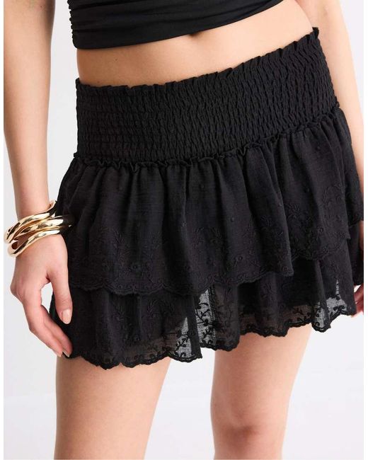 Stradivarius Black Embroidered Crinkled Skort