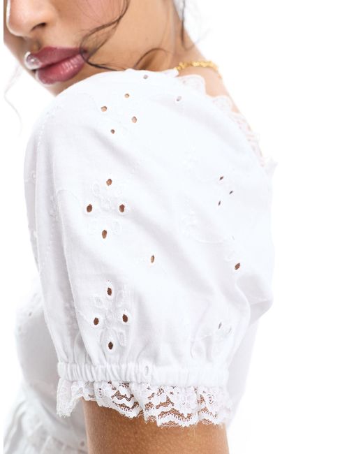 ASOS White Puff Sleeve Eyelet Milkmaid Top With Lace Trim