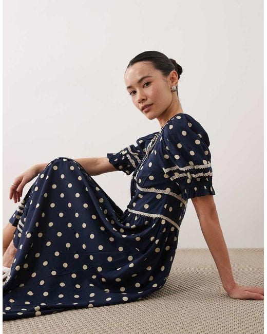 Nobody's Child Petite Blue Saffy Bell Sleeve Polkadot Midi Dress