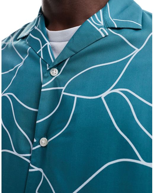 Camicia oversize con stampa di fiore delineato e colletto di SELECTED in Blue da Uomo