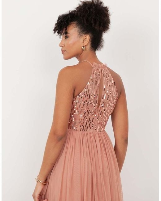 Maya Pink Linear Embellished Halter Neck Maxi Dress