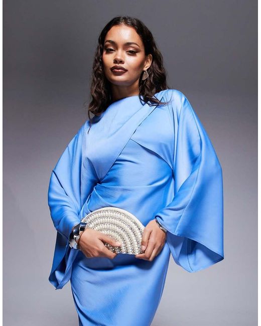 ASOS Blue Asos Design Petite Wrap Front Batwing Satin Bias Maxi Dress