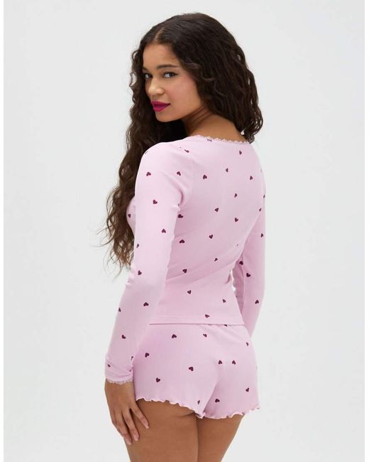 Boux Avenue Pink Heart Ribbed Short Pyjama Set With Long Sleeved Top