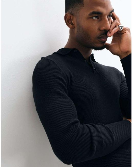 ASOS Blue Essentials Micro Rib Knit Muscle Fit Lightweight Polo Shirt for men