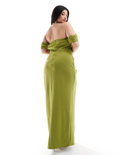 Tfnc Plus Green Tfnc Bridesmaids Plus Bardot Maxi Dress With Pleat