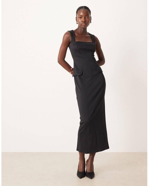 ASOS Black Square Neck Seamed Workwear Midi
