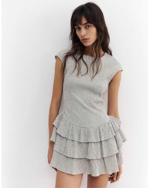Pull&Bear White Short Checked Dress With Ruffled Hem