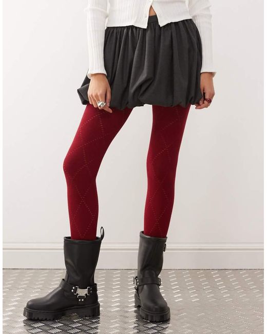 Reclaimed Vintage Red Cozy Cotton Tights With Argyle