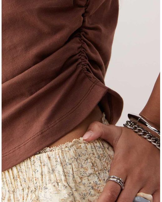 Reclaimed Vintage Brown Slash Neck Cinched Waist T-shirt With Ruching Detail