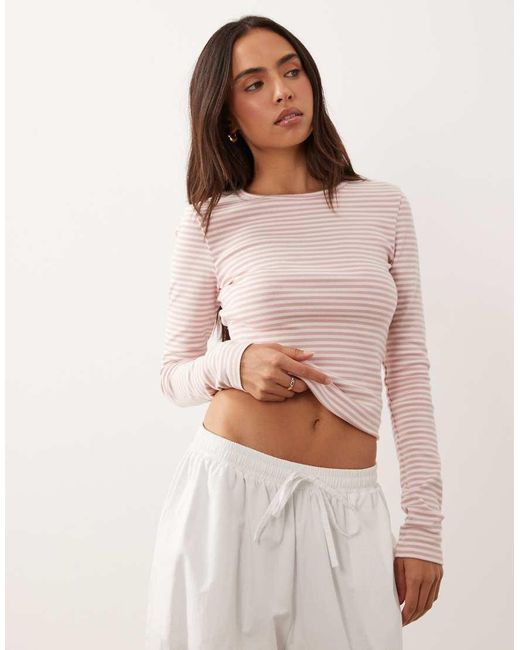 Gina Tricot Pink Jersey Rib Round Neck Long Sleeve Top