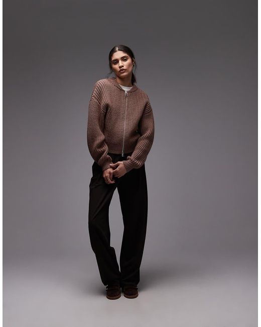 & Other Stories Gray Ribbed Knitted Bomber Cardigan With Leather Tab Detail