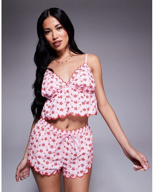 River Island Red Broderie Cami And Shorts Pyjama Set