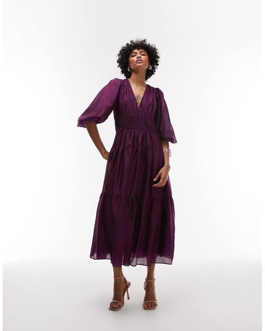 & Other Stories Purple Midaxi Dress With Volume Sleeves And Shirred Bodice