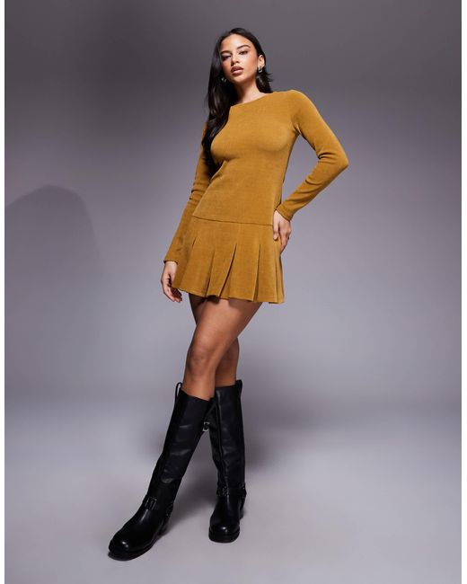 ASOS Blue Corduroy Dropped Waist Mini Dress With Pleated Skirt