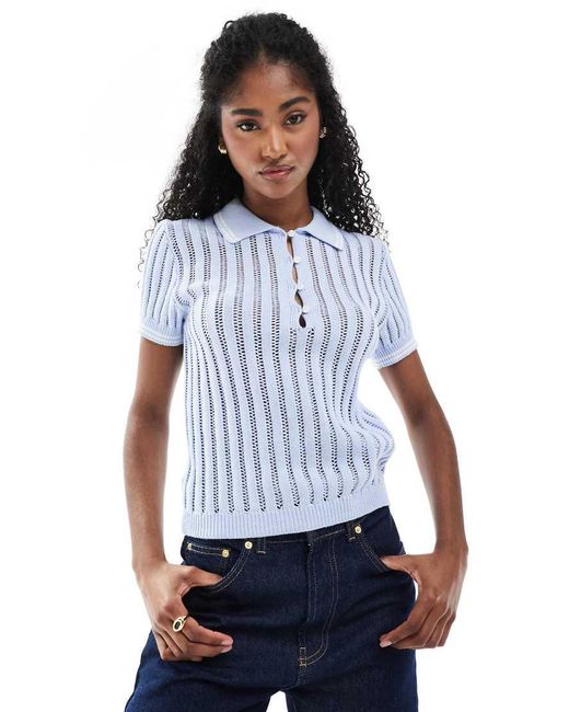 Monki Blue Knitted Polo Top With Stitch Detail