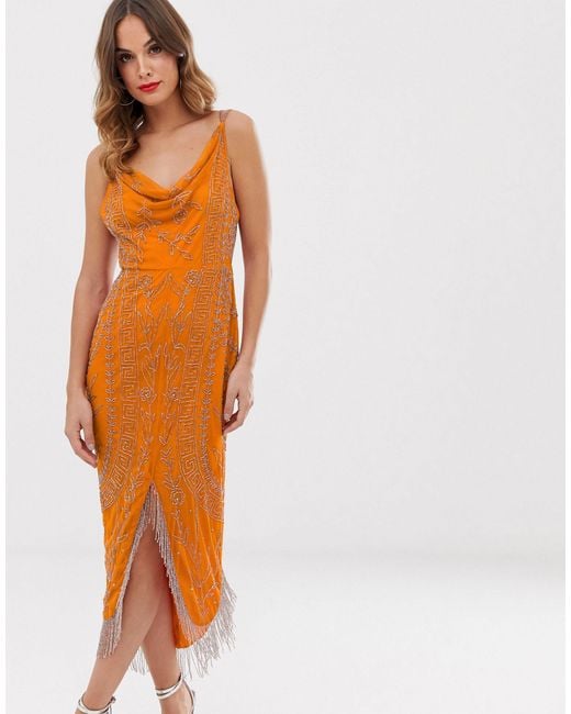 ASOS Cowl Neck Midi Dress in Orange | Lyst