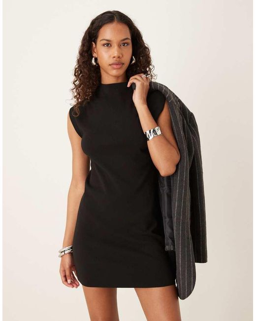 Mango Black Cap Sleeve High Neck Mini Dress