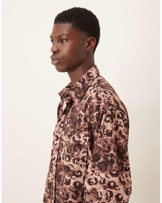 ASOS Brown Oversized Fit Leopard Printed Shirt With Pocket Detail for men