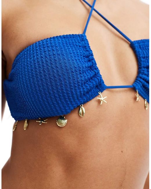 South Beach Blue Crinkle Embellished Upside Down Triangle Bikini Top