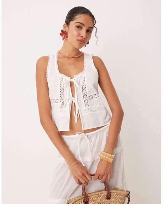 ASOS White Textured Lace Insert Tie Front Beach Top