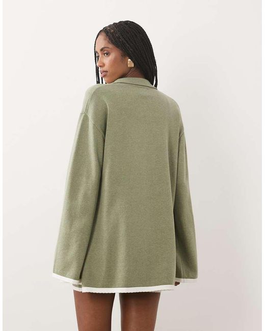 SNDY'S Green Cotton Rich Contrast Trim Knitted Wide Sleeve Cardigan Co-ord