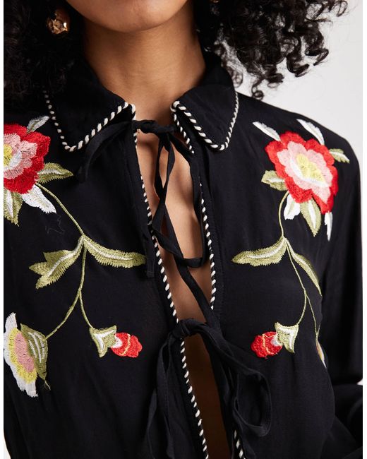 ASOS Black Tie Front Embroidery Detail Co-ord Top