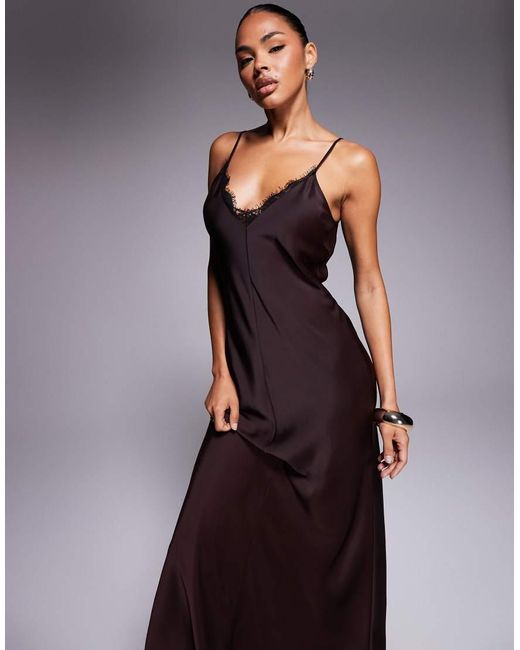 ASOS Brown V Neck Lace Trim Satin Slip Maxi Dress