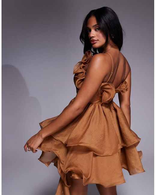 ASOS Brown Organza Ruffle Halter Mini Dress With Corsage And Drape