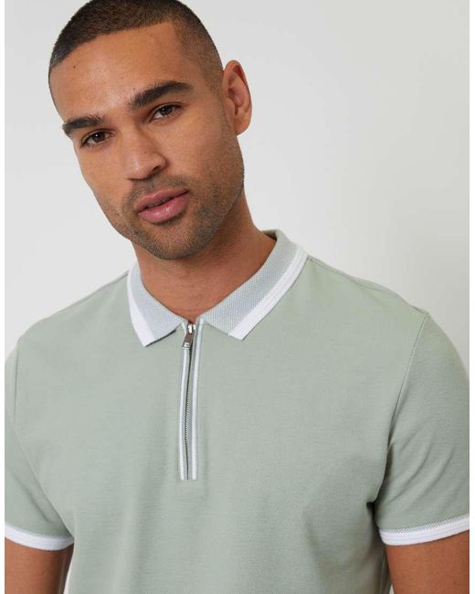 Threadbare Green Cotton Tipping Collar Quarter Zip Pique Polo Shirt for men