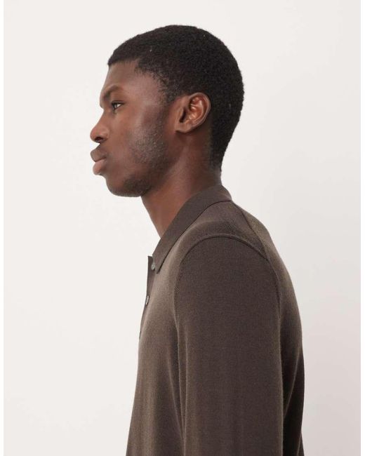 ARKET Brown Merino Wool Knitted Long Sleeve Polo Shirt for men
