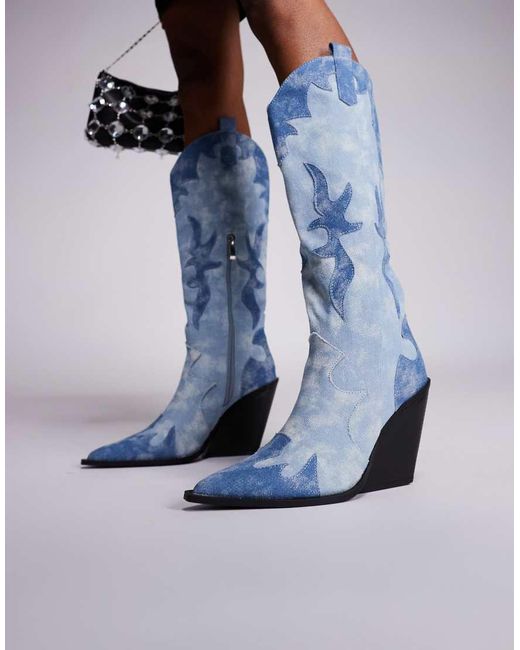 Public Desire Blue Underwood Western Cowboy Block Heel Knee High Boots