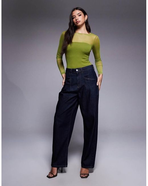 ASOS Green Mesh Mix Panel Long Sleeve Bodysuit
