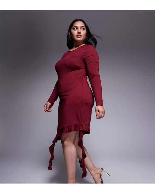 Renee Studio Red Double Sculpted Slinky Long Sleeve Asymmetric Frill Hem Drape Detail Mini Dress