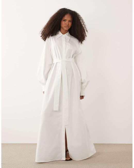 Iyal Natural Cotton Poplin Tie Waist Maxi Shirt Dress
