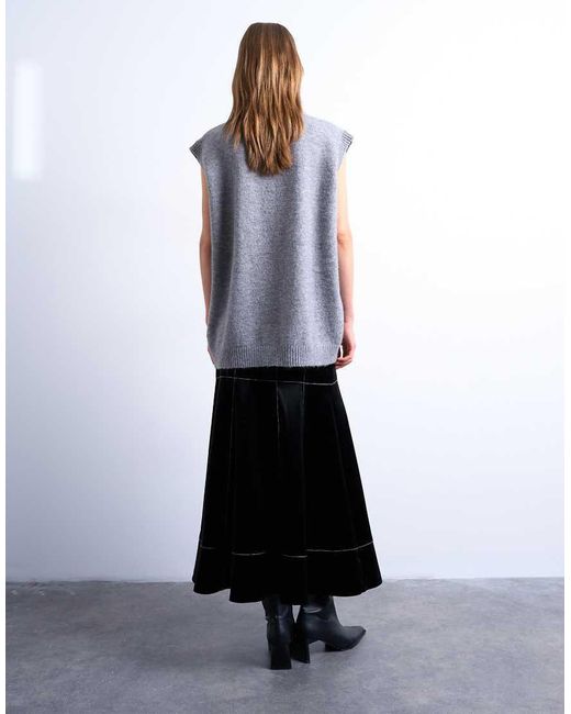 Falda Larga Negra De Poliuretano Con Cintura Baja Y Costuras En Contraste De TOPSHOP de color White