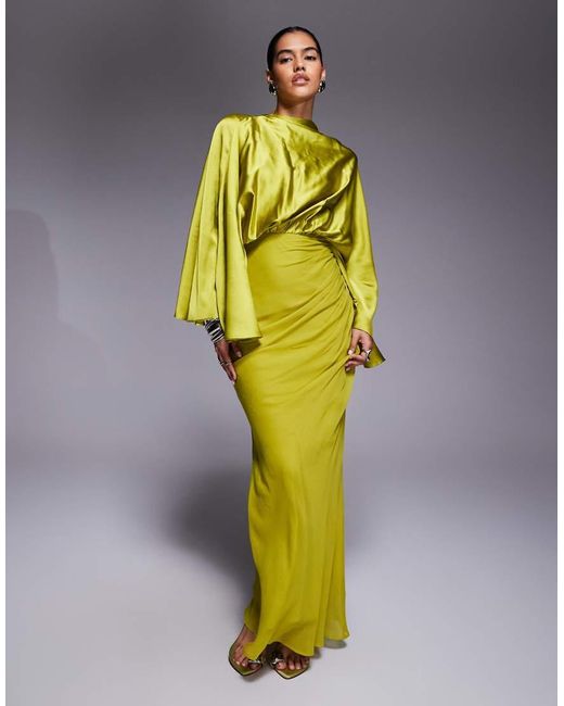 ASOS Maxi Jurk Van Satijn-Chiffonmix Met Uitlopende Mouwen En Gedrapeerde Rok in het Yellow