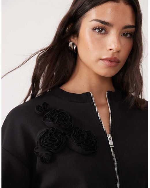 ASOS Black Interlock Corsage Detail Zip Through Sweatshirt