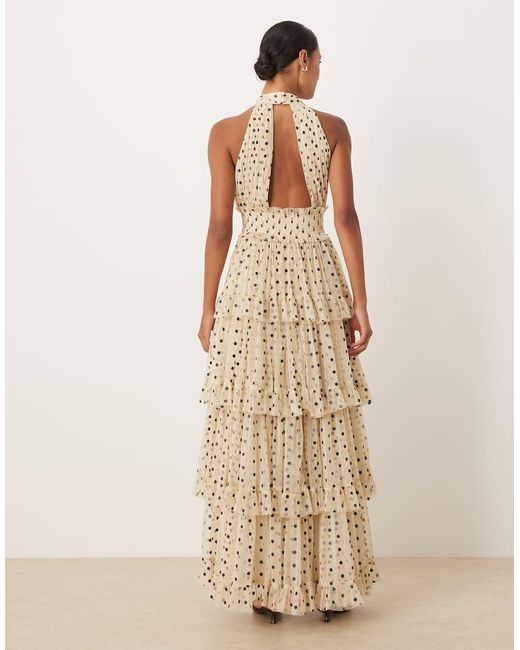 LACE & BEADS Natural Tulle Tiered High Neck Maxi Dress