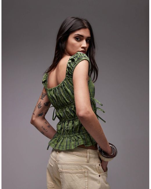 TOPSHOP Green Ruched Tiered Tie Side Top