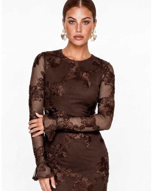 Maya Brown 3D Floral Applique Long Sleeve Mesh Maxi Dress