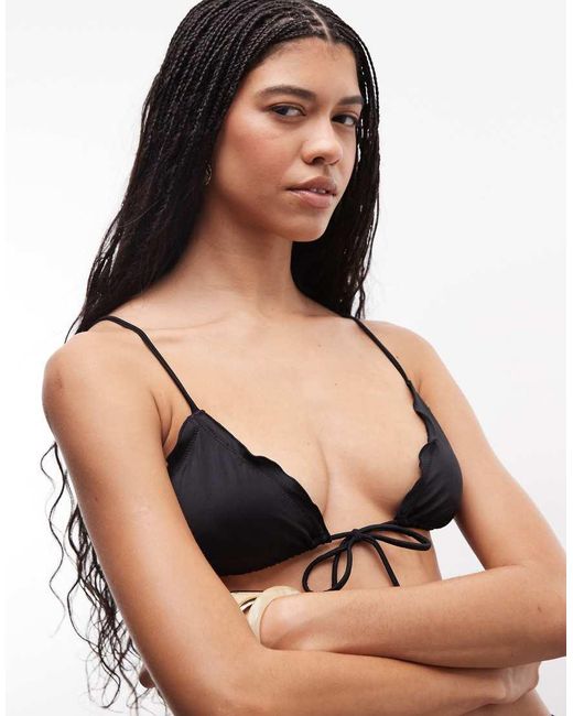Weekday Black Mix And Match Tie Front Frilly Triangle Bikini Top