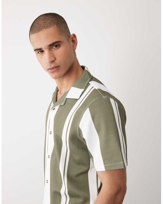 River Island Green Short Sleeve Stripe Revere Shirt for men