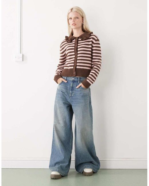 Collusion Brown Stripe Knitted Cardi With Frill Collar