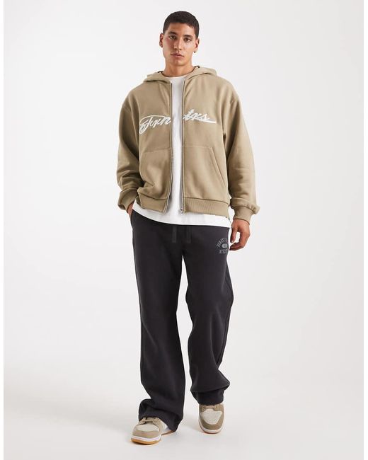 ASOS Natural Relaxed Zip Through Hoodie With Embroidery Print for men