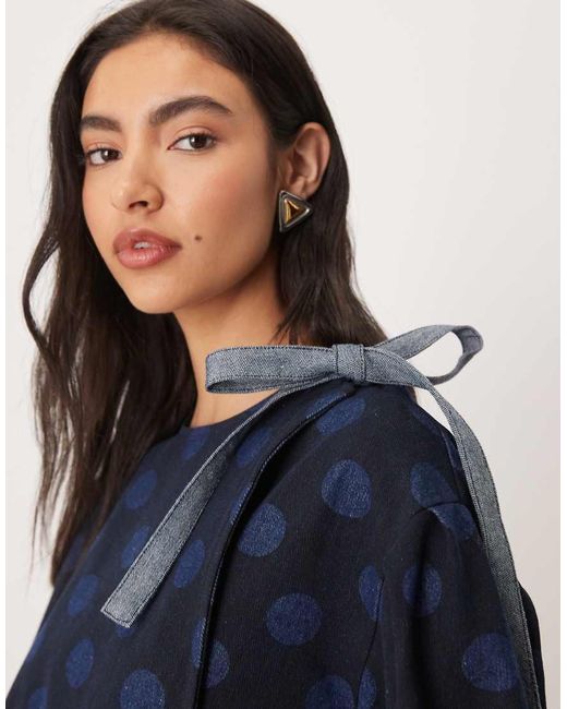 Ghospell Blue Exclusive Denim Bow Detail Boxy Mini Dress