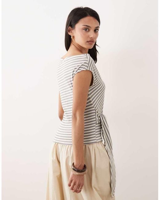 Gina Tricot Natural Asymmetric Shoulder Top With Tie Waist Detail