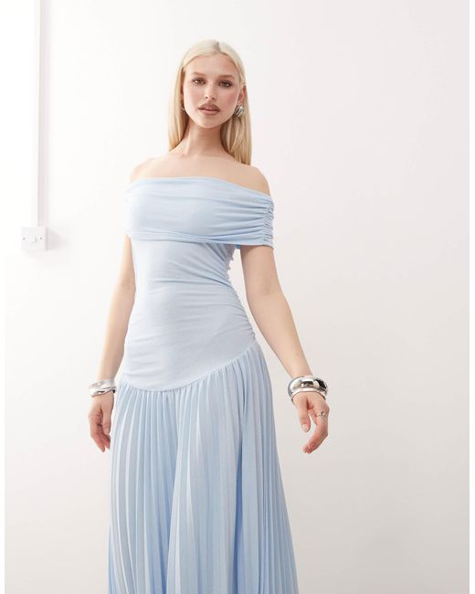 Lioness White Field Of Dreams Foldover Bardot Ruched Drop Waist Pleated Maxi Dress